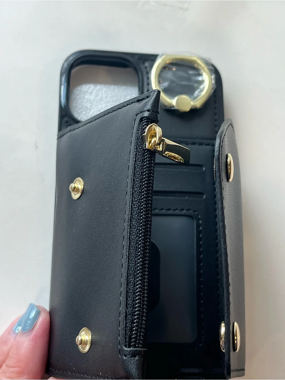 Black Phone Wallet Case with Gold Hardware and Ring Holder